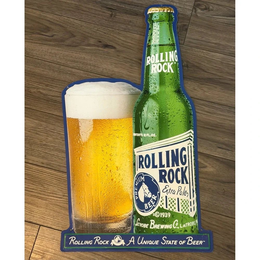 Vintage 1998 Rolling Rock Beer Tin Sign Pennsylvania PA Shaped Tacker 25